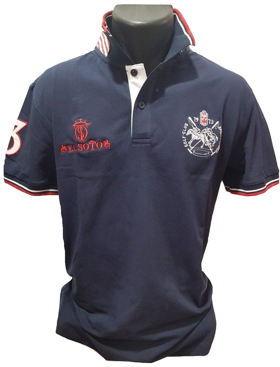 Debilidad lobo Infectar Polo PF Jockey N3 de manga corta Azul Marino con detalles y bordados en Rojo y Blanco EL SOTO Debilidad lobo Infectar Polo PF Jockey N3 de manga corta Azul Marino con detalles y bordados en Rojo y Blanco EL SOTO