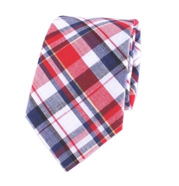 C1923 Corbata de Cuadros Escoceses en Rojo y Blanco con detalles en Azul Marino 100% Algodón Estampado