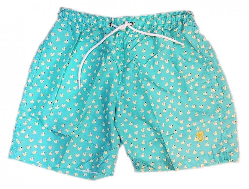 Bañador Turquesa verde azulado con dibujos de patitos de goma amarillos y bordado del hierro de EL SOTO