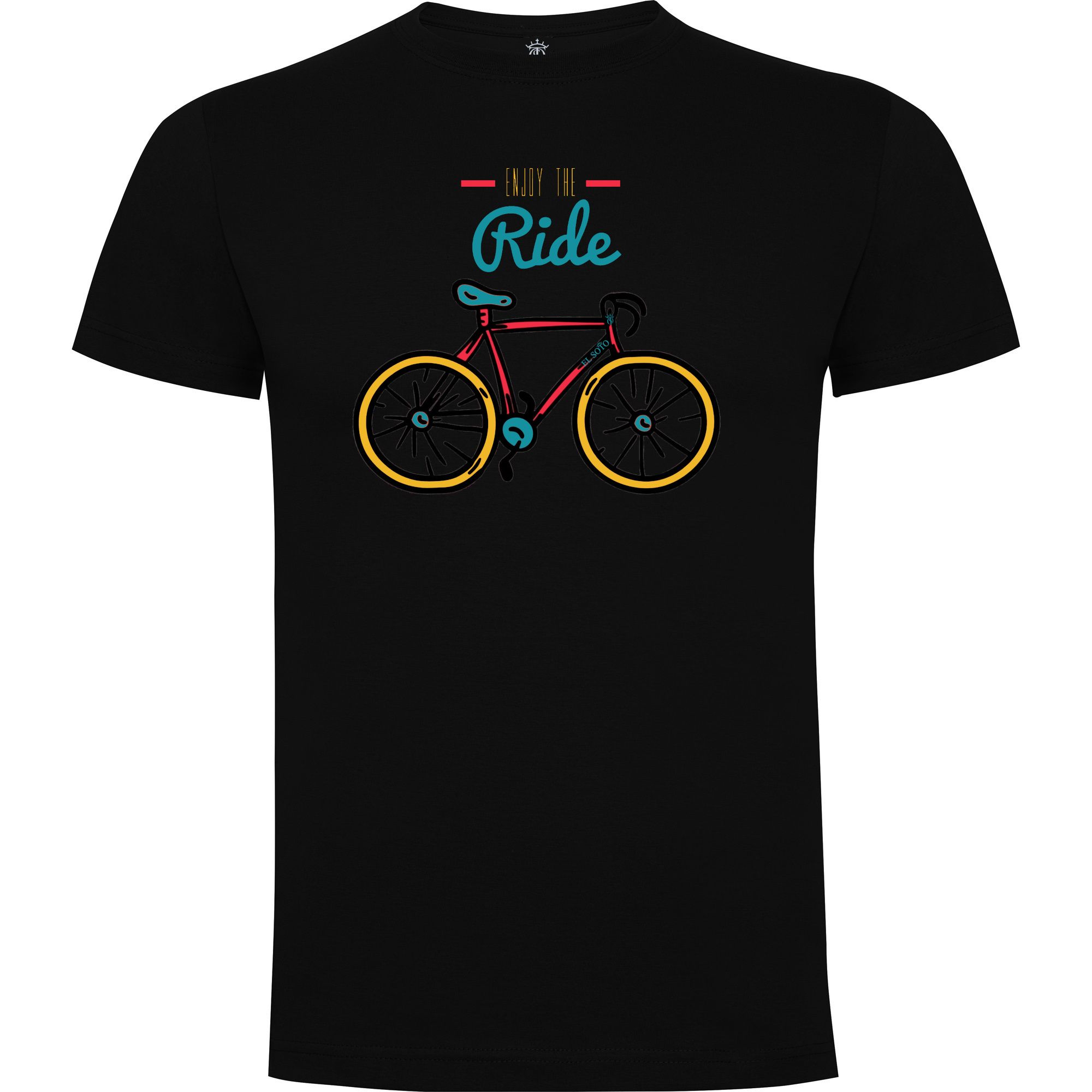 Camiseta de Bicicleta de verano roja amarilla y azul con las letras enjoy the ride disfruta el viaje con hierro de EL SOTO en bici 100 algodon en