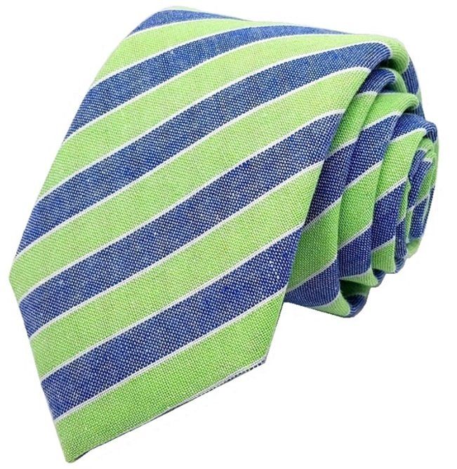 Corbata Rayas azul celeste y verde con detalles en blanco Lino Jaquard