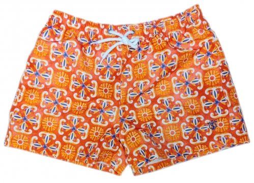 Bañador Naranja con detalles en azulón de flores alegóricas y bordado del hierro de EL SOTO