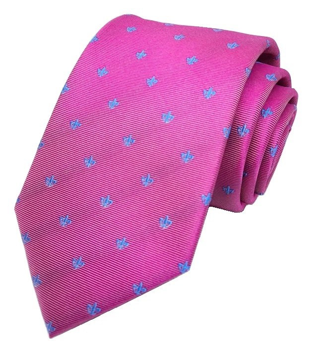 Corbata de mini Flores de Lis en azul celeste sobre fondo rosa fucsia magenta Seda Natural Jacquard